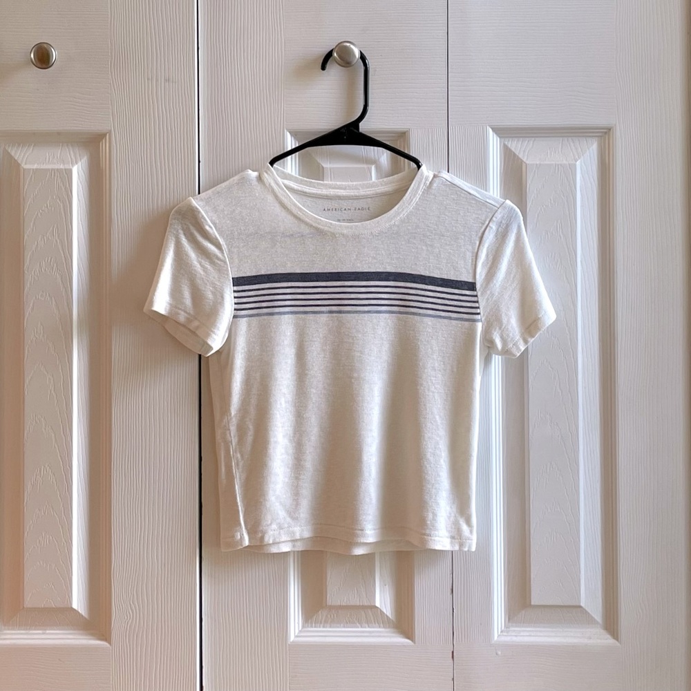 American Eagle: White Short Sleeve Tee with Navy Stripes